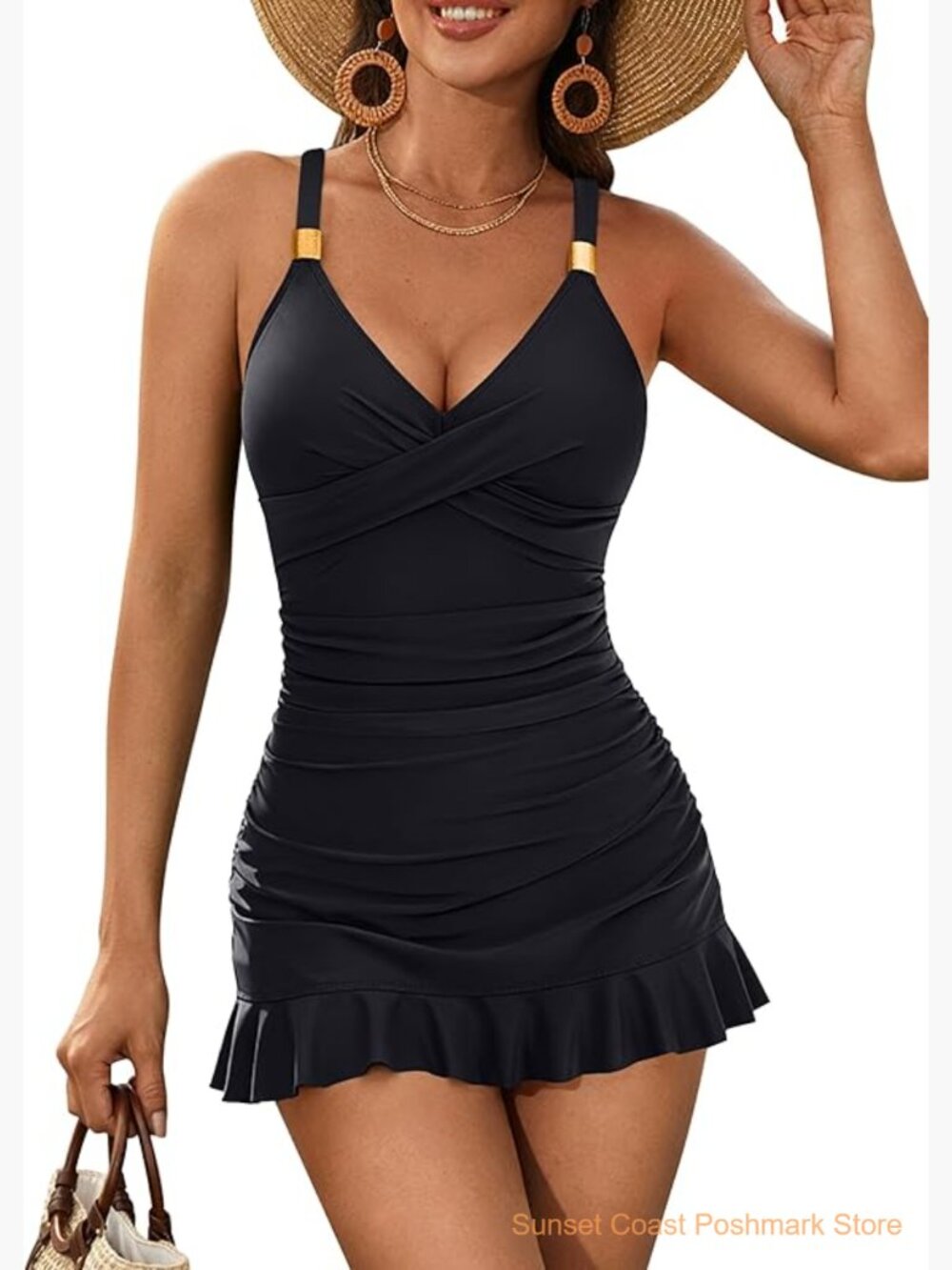 One Piece Swim Dress Tummy Control V Neck Ruffle Skirt Swimwear